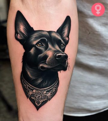 A black dog tattoo on the forearm