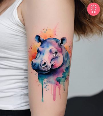 A hippo tattoo on the arm of a woman