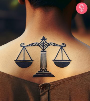 A man wearing a zodiac libra tattoo on the upper back