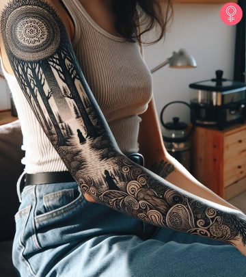 A mystical jungle concept tattoo on a woman’s arm