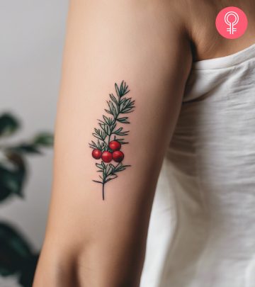 A woman with a colored juniper branch and berries tattoo on her upper arm