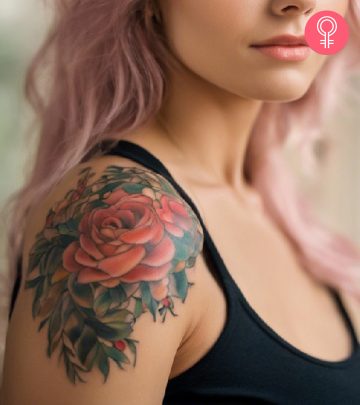A woman with a floral shoulder cap tattoo