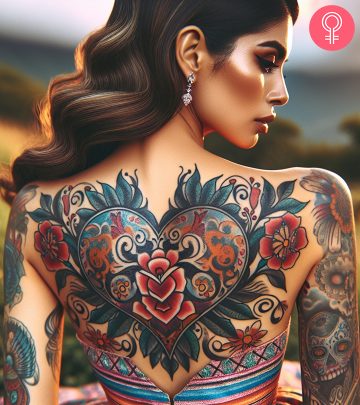 A woman with a floral upper back tattoo