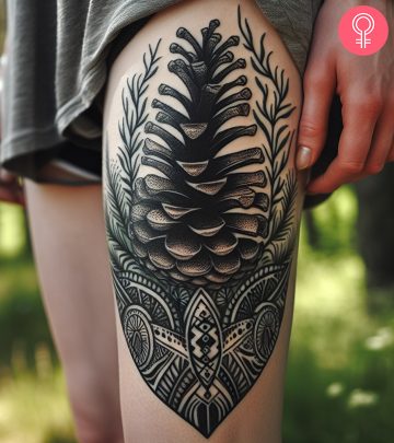 A woman with a pine cone tattoo on her thigh