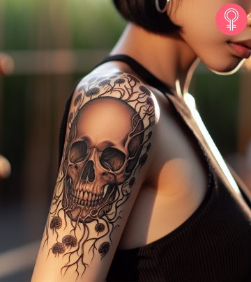 A woman with a skull bio organic tattoo