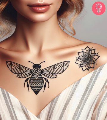 Woman with a geometric flower tattoo near the shoulder