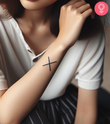 A minimalist X tattoo on a woman’s forearm