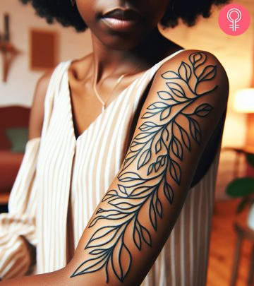 A woman linework vine tattoo on her arm