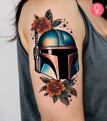 Mandalorian helmet with flowers on the forearm