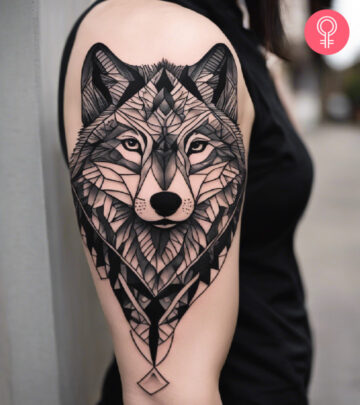 An alpha wolf tattoo on a woman’s bicep