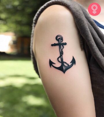 A black and white anchor tattoo on the upper arm