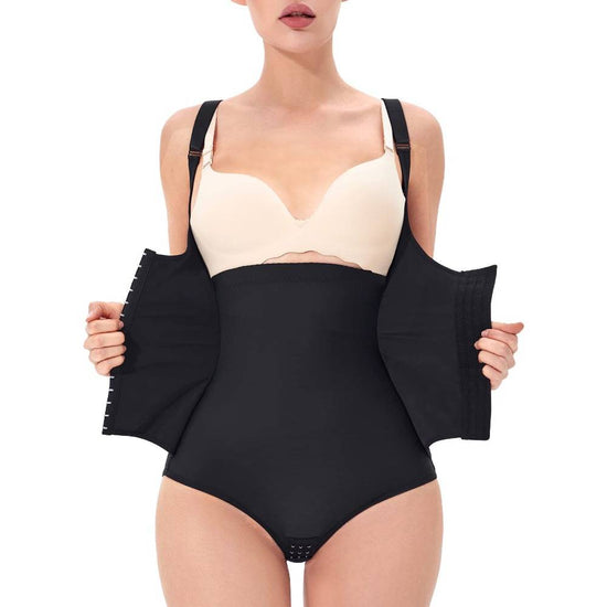Shapewear thong tummy Slimming Bodysuit Torsette front lets you wear your  own bras Adjustable Straps Belly flattener with double layer Gusset Opening