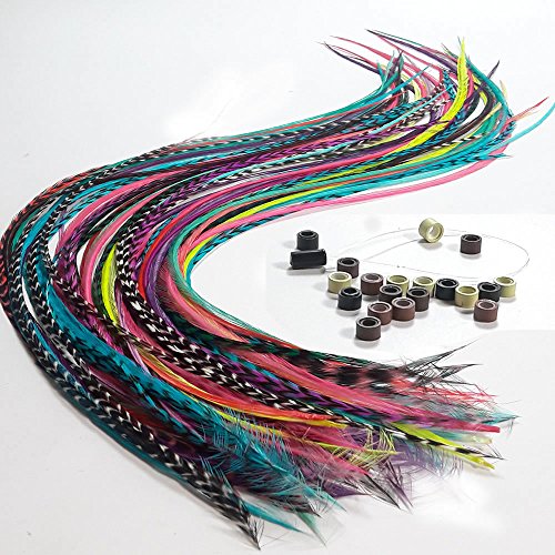 Colored Synthetic Feather Hair Extensions Kit (Not Real Feather) with 50  Pcs Silicon Micro Link Beads 1 Crochet Hook Tools Kit (16 Inch (Pack of  100)